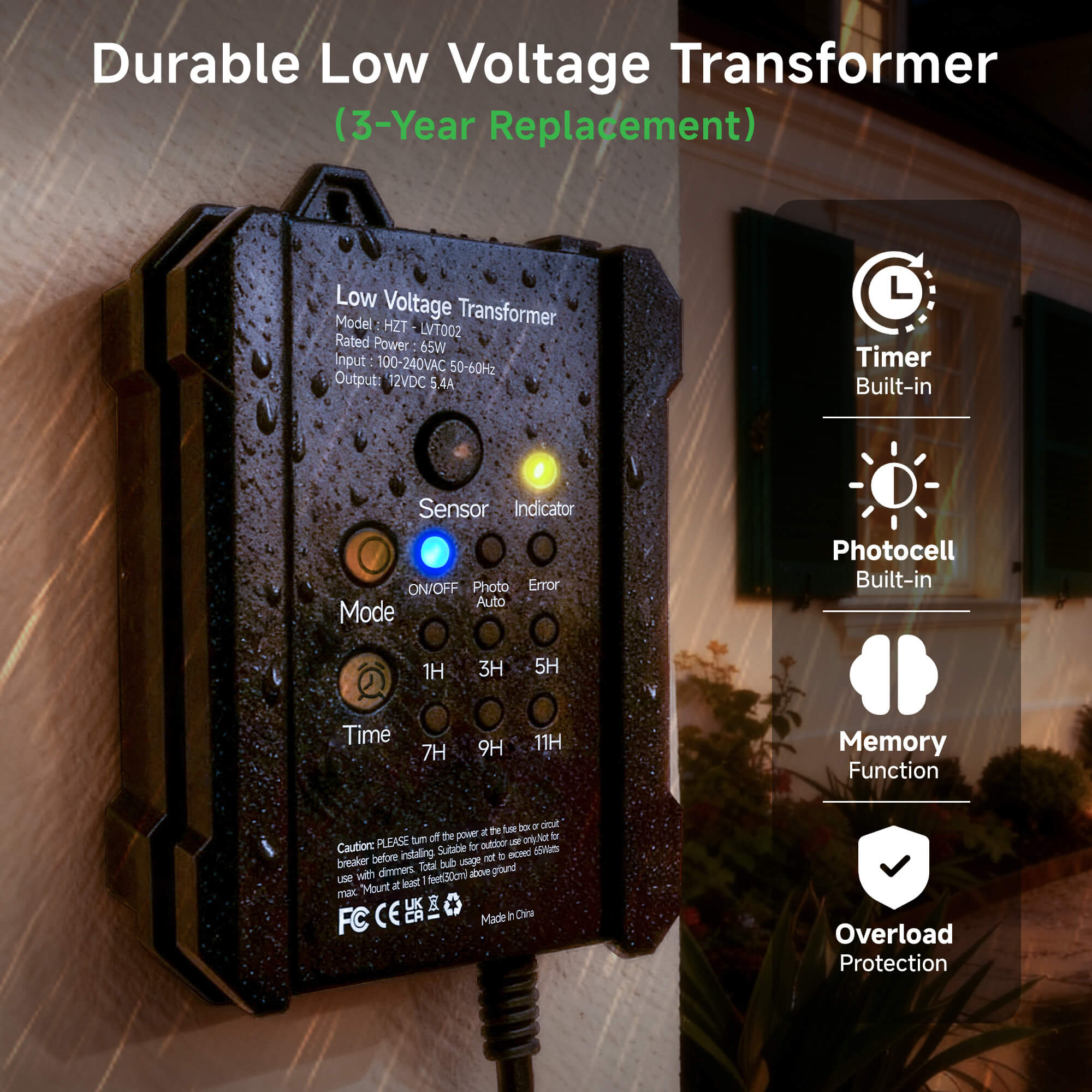Varmtalys 65W Low Voltage Transformer with Timer & Photocell, Outdoor Landscape Lighting Power Supply