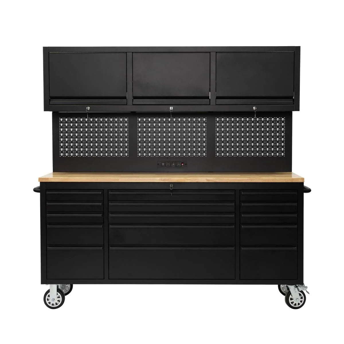 72 inch Rolling Tool Chest with Power Strip, Workbench, Upper Cabinets & Pegboard