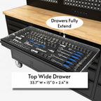 72 inch Rolling Tool Chest with Power Strip, Workbench, Upper Cabinets & Pegboard