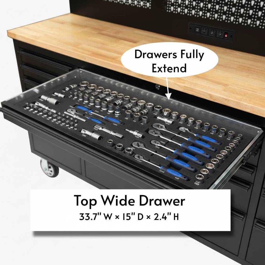 72 inch Rolling Tool Chest with Power Strip, Workbench, Upper Cabinets & Pegboard