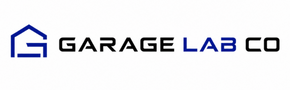 The logo for Garage Lab Co, featuring a blue house outline icon on the left, with the text 'GARAGE LAB CO' in black and blue on a plain white background.